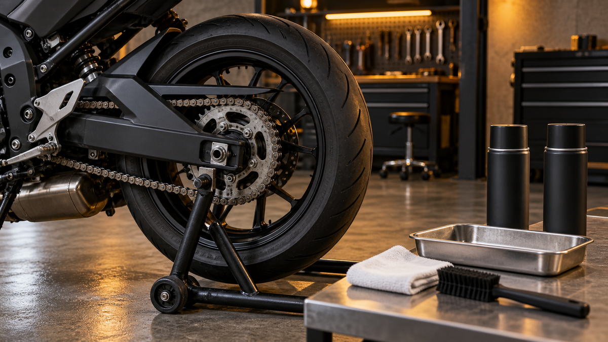 Stationary motorcycle rear wheel and chain on a paddock stand, with a brush, cloth, tray, and two blank cans safely set on a nearby bench.