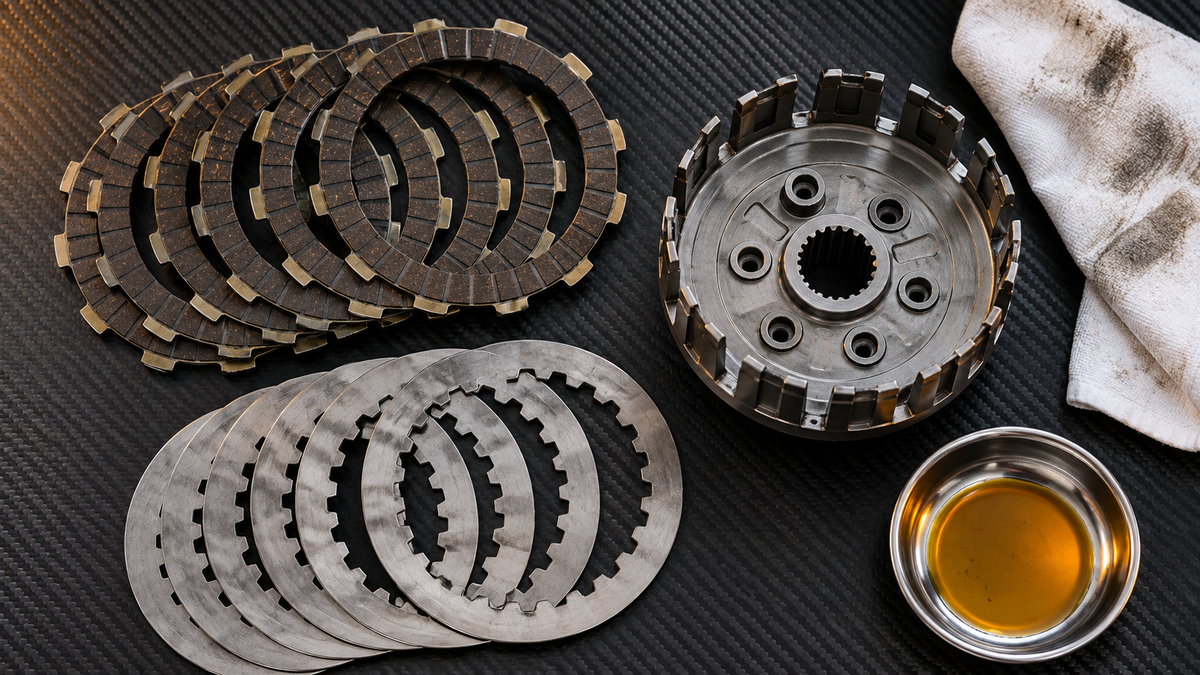 Motorcycle clutch friction plates, steel separator plates, and a clutch basket arranged on a carbon-textured bench beside a small dish of amber oil.