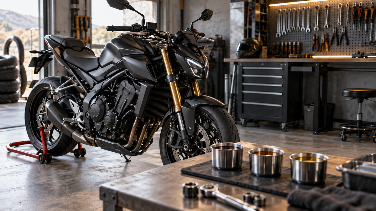 Black road motorcycle on a paddock stand in a workshop, with three unlabeled oil sample cups arranged on a service bench.
