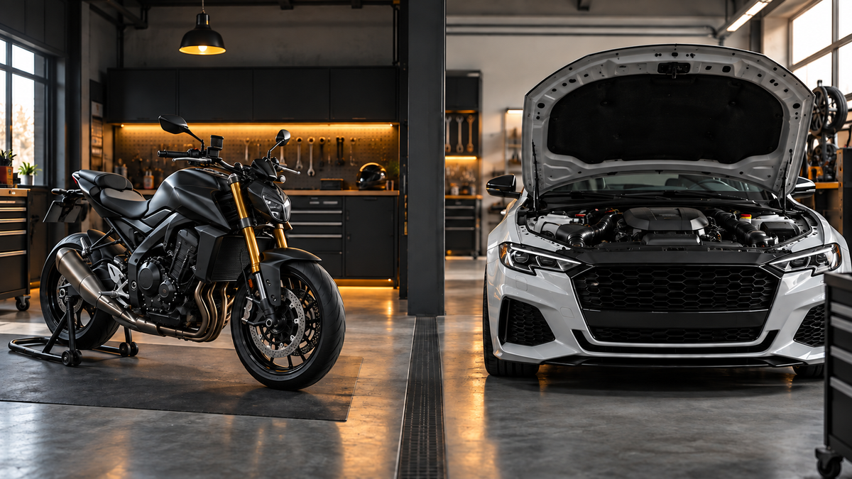 A black road motorcycle and a white performance car sit side by side in a workshop, with the car hood open.