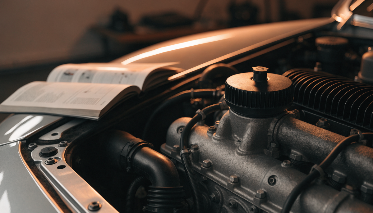 Open owner's manual on the fender above a European engine bay