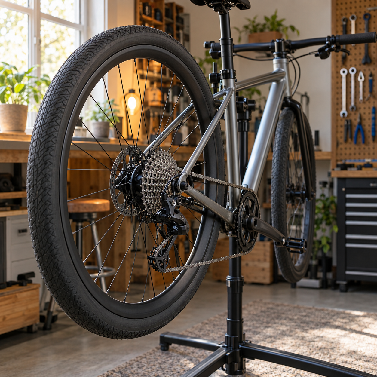Unbranded bicycle on a repair stand with its clean rear drivetrain visible in a compact home workshop.