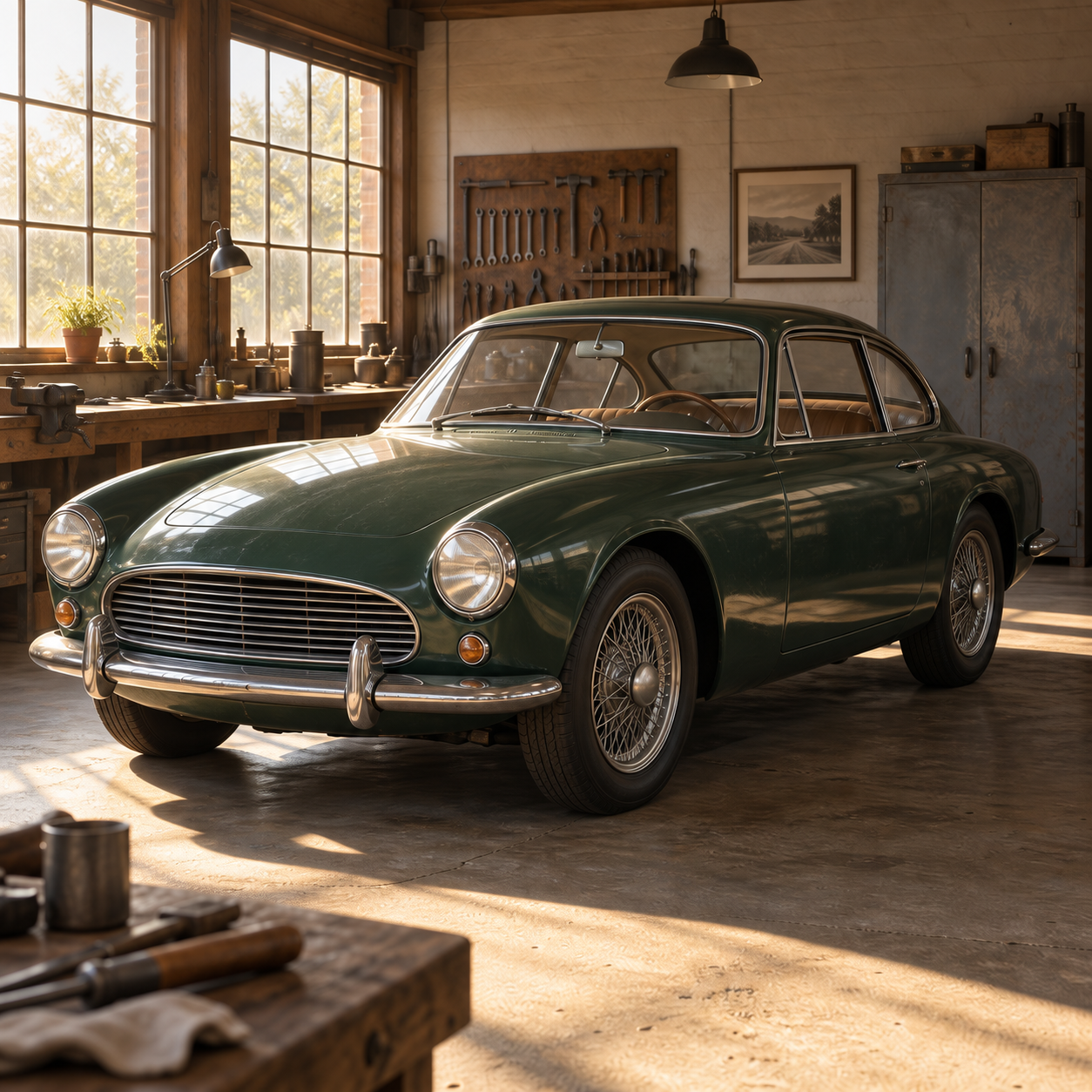 Unbranded green classic coupe in a warm independent workshop with vintage tools and wood workbench.