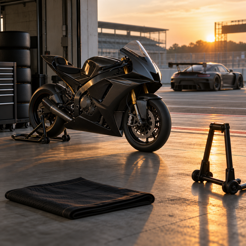 Unbranded race motorcycle on a paddock stand in a quiet closed-course garage, with a clearly parked race car in the background and folded pit mat in front.