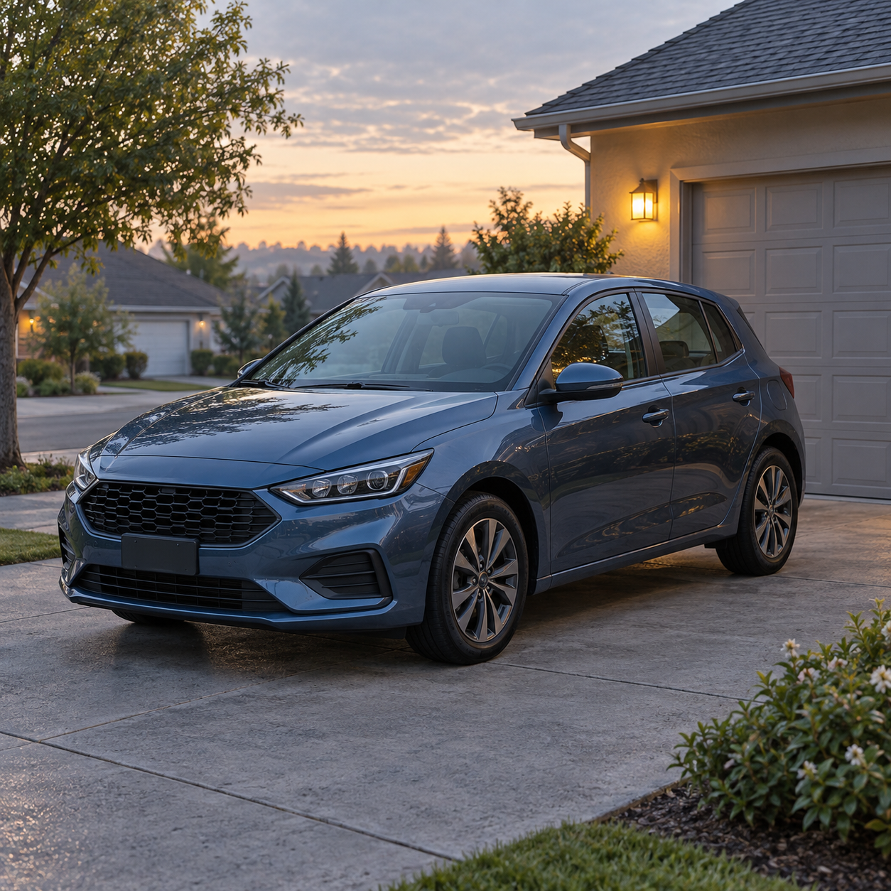 Unbranded blue compact passenger car parked on a residential driveway at dawn.