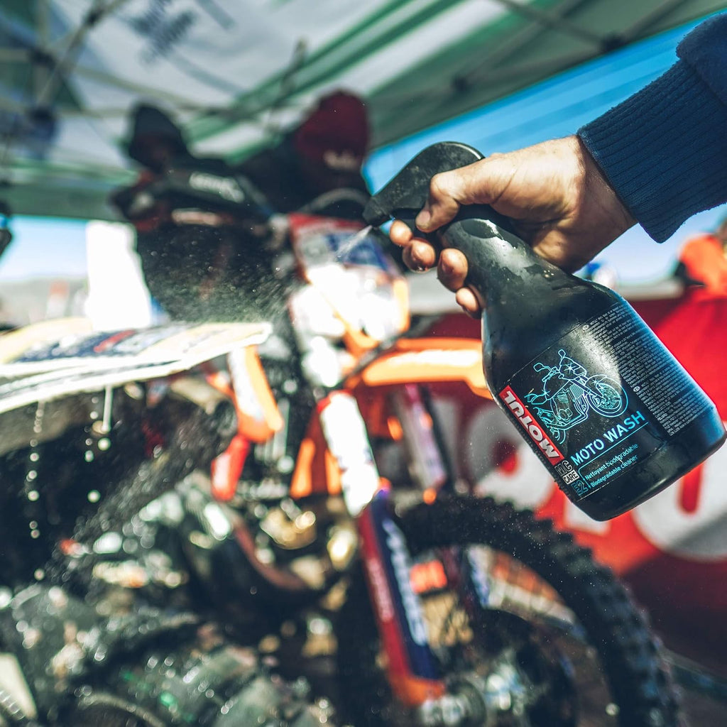 Motul E2 Moto Wash 1L sprayed onto a dirt bike