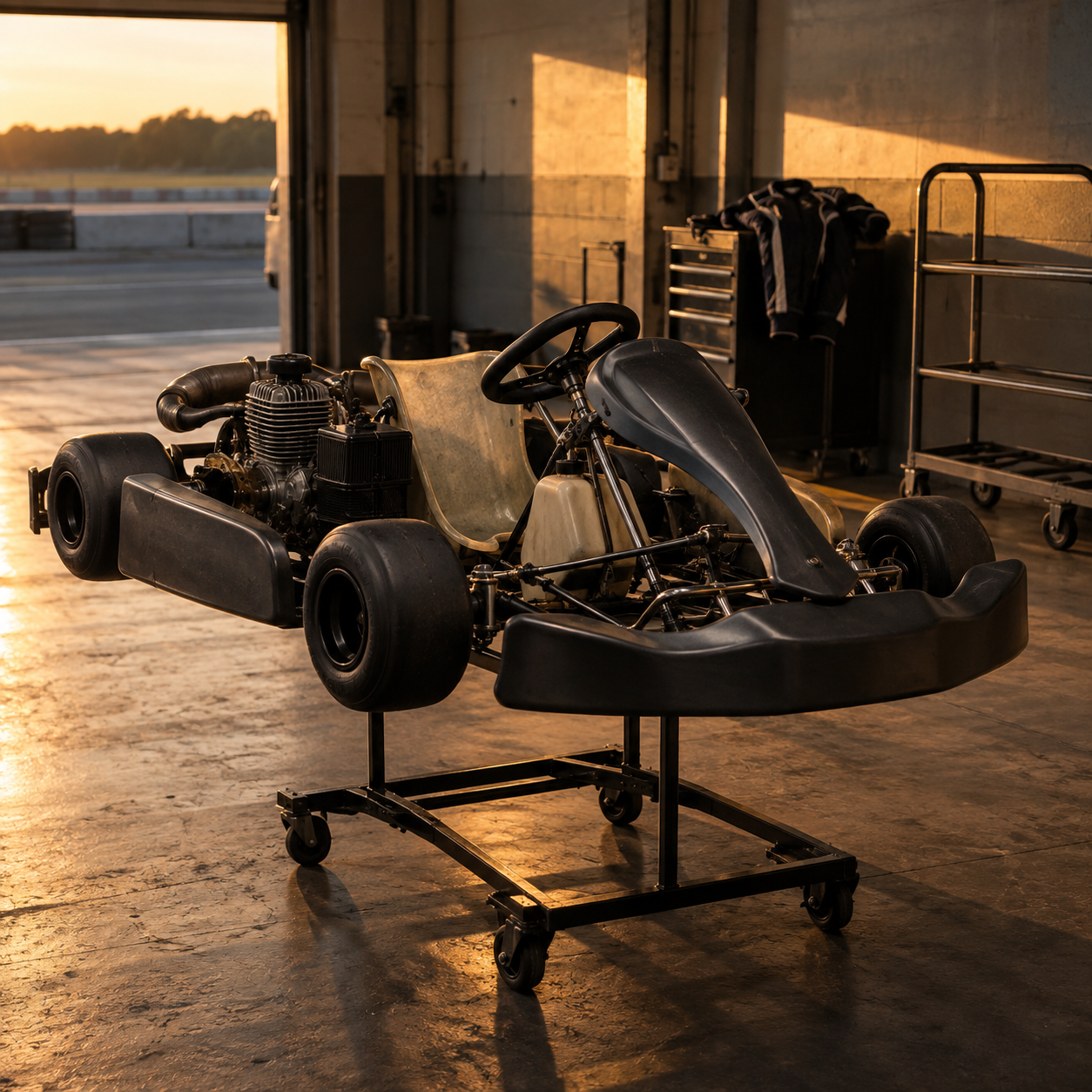 Unbranded racing go-kart on a paddock stand in an amber-lit circuit service bay.