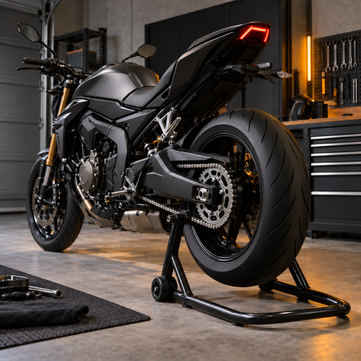 Unbranded road motorcycle on a rear paddock stand with its dry chain and sprocket visible for inspection.