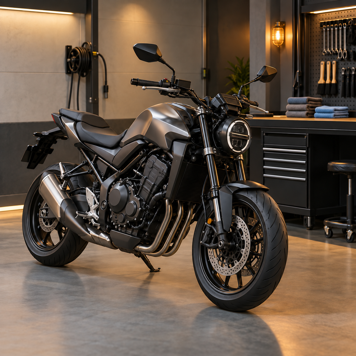 Unbranded dry motorcycle beside a spotless wash bay and dark workbench with folded cloths and brushes.