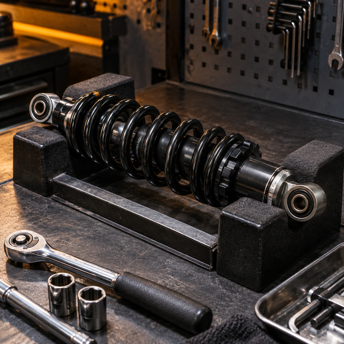 Motorcycle rear shock absorber coilover secured on a clean amber-lit service bench.