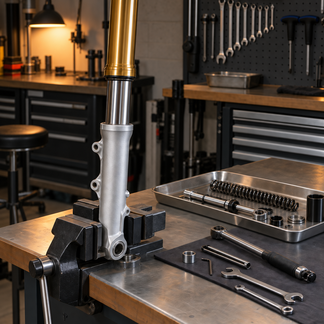 Unbranded motorcycle fork secured in a workshop vise beside neatly arranged suspension tools.