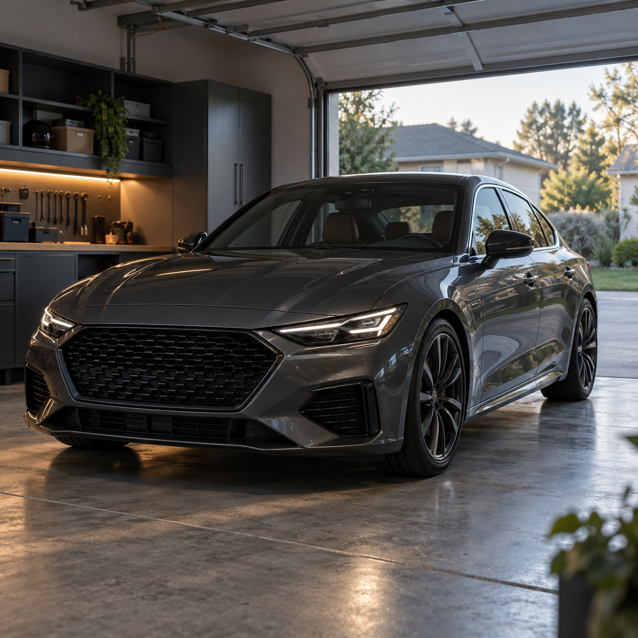 Unbranded dark performance car parked in a clean residential garage in early morning light.