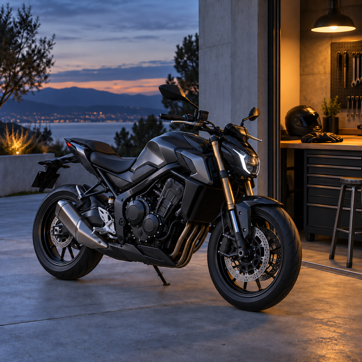 Unbranded modern road motorcycle parked on its kickstand outside a clean garage at blue hour, with gloves on a workbench under warm amber light.
