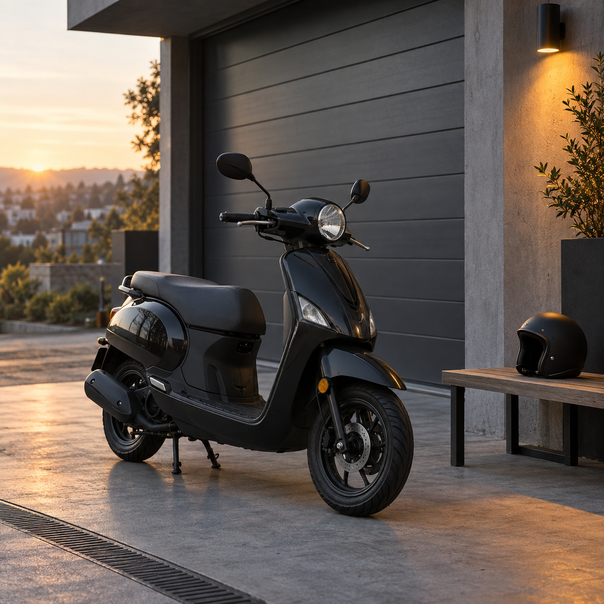 Unbranded small commuter scooter beside a charcoal urban garage at first light.