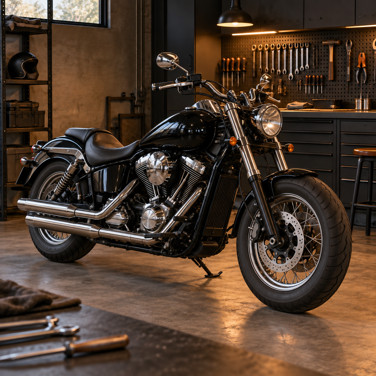 Unbranded traditional V-twin motorcycle parked securely in an orderly charcoal garage with neatly arranged tools and warm amber work lighting.